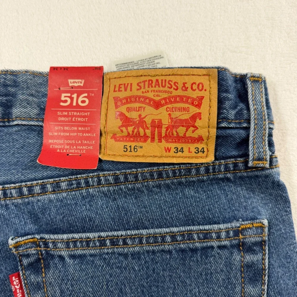 Levi's 516 Slim Straight Jeans Mens 34x34 Blue Denim Classic‎ Aesthetic NWT